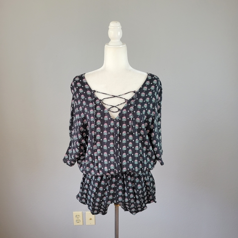 TAVIK // harmony floral print front/back lace-up relaxed dolman sleeve romper